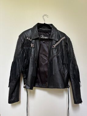 Vintage Black Fringed Leather Jacket with Beaded Accent || Chrome Gear